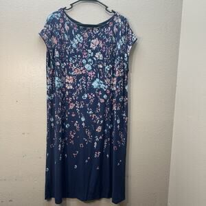 J Jill Dress Blue Floral SZ L Tall Wearever Collection Knit Shift‎ Midi Stretch